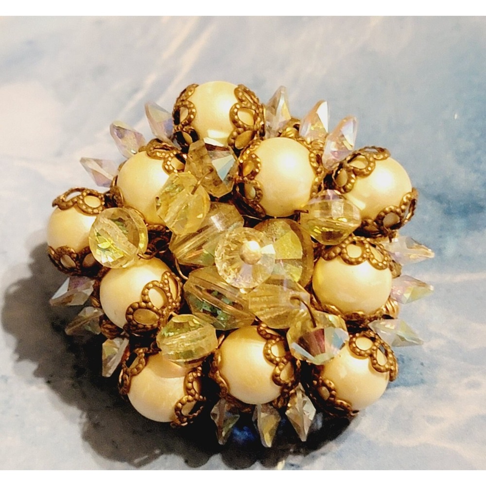 Vintage Gold Brooch Sparkly Crystal Faux Pearl Mid-Century Beaded Cluster Pin